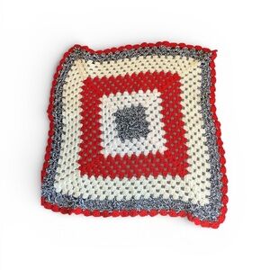 Handmade Crochet Granny Square Throw Blanket - Red, Cream & Navy 27x27 approx